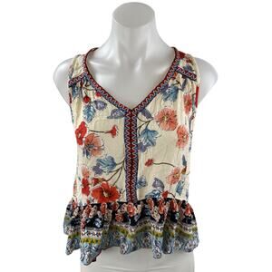Patrons of Peace Floral Ruffled Embroidered V Neck Sleeveless Peplum Tank Top S